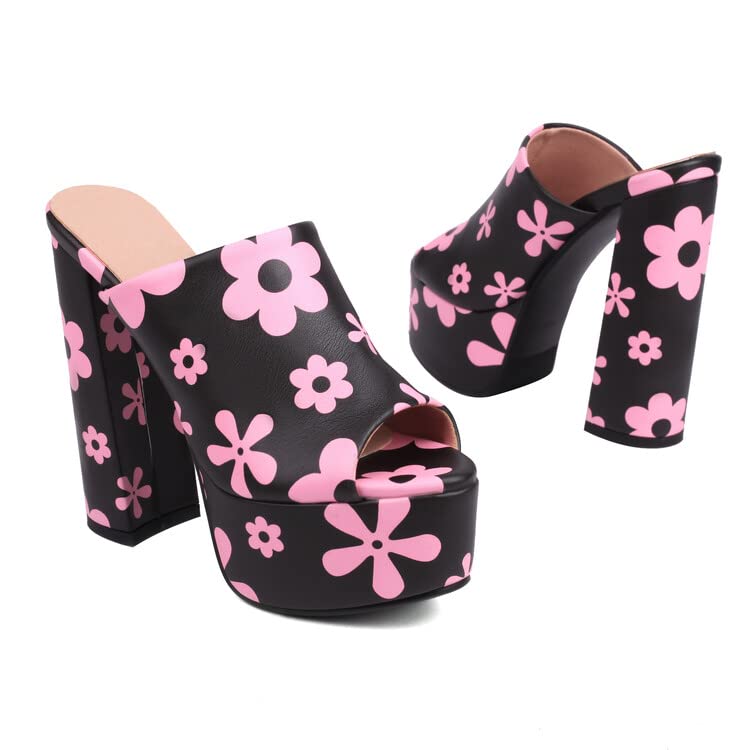 CoceMoce Gorgeous Thick Chunky Heel Slide Sandals for Women Black Pink Floral Peep Toe Platform Slip-on Backless High Heeled Mules Dressy Shoes Club Party Events Prom Size 9 US