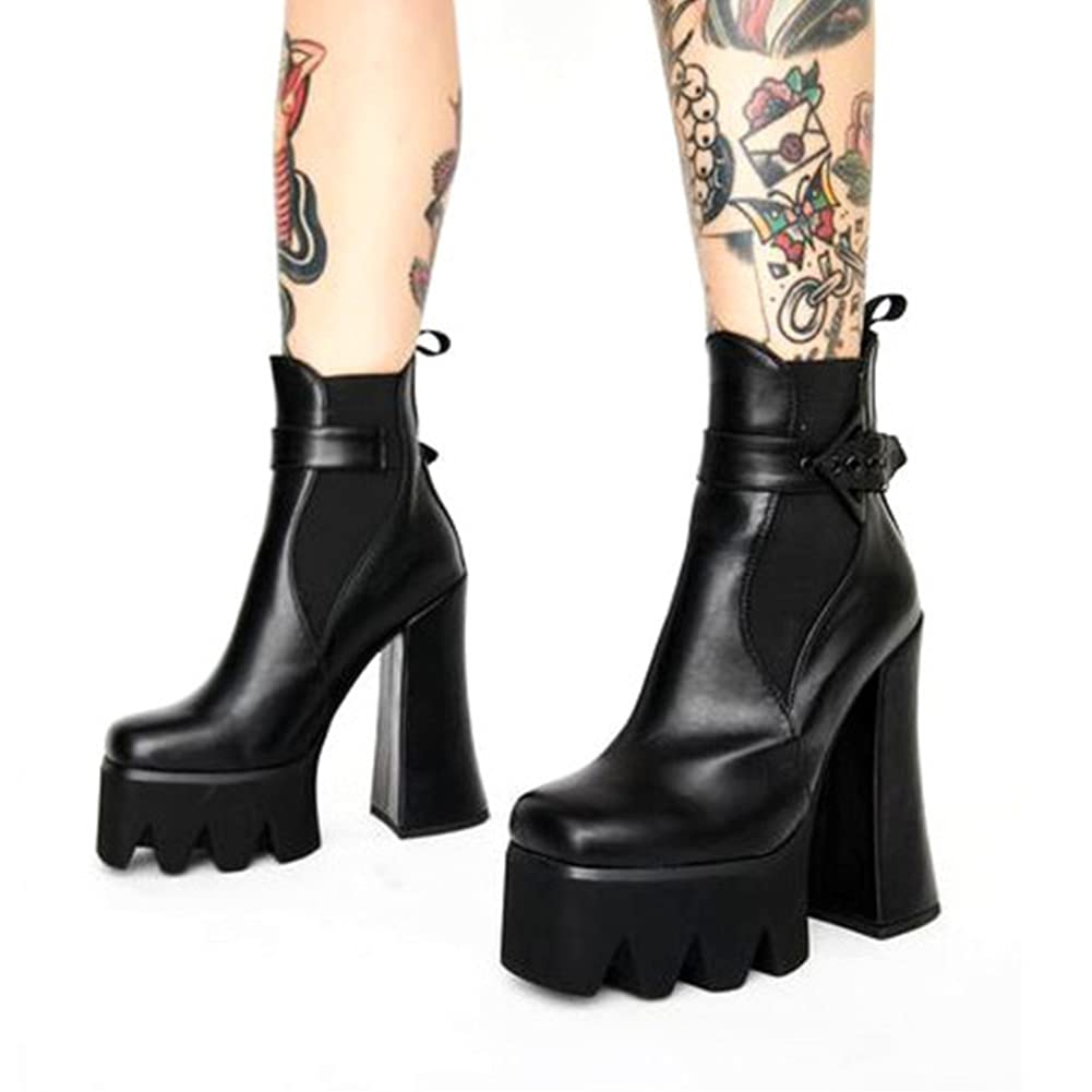 DETOGNI Women's Buckle Strap Thick Heel Platform Booties Ladies Elastic band High Heel Fashion Casual Ankle Boots