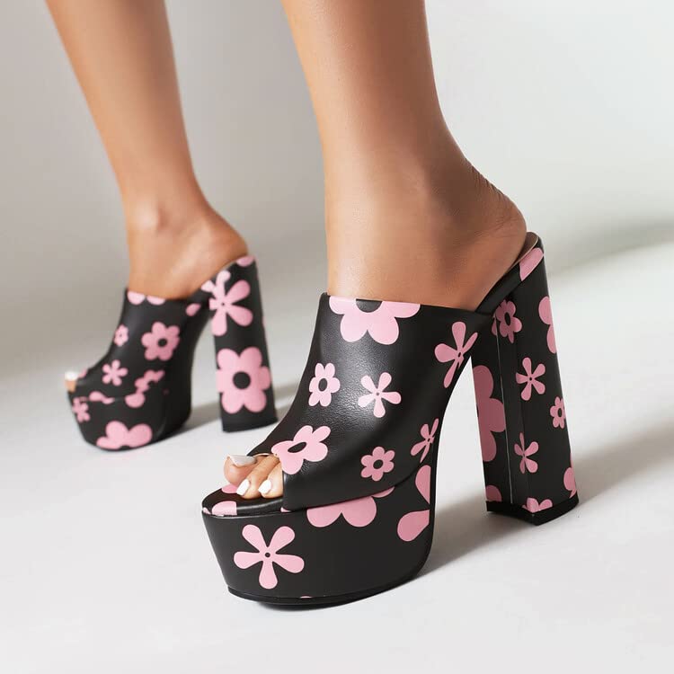 CoceMoce Gorgeous Thick Chunky Heel Slide Sandals for Women Black Pink Floral Peep Toe Platform Slip-on Backless High Heeled Mules Dressy Shoes Club Party Events Prom Size 9 US