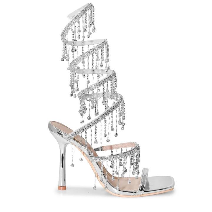 Wild Diva Women's Narala-51 Chandelier Embellished Rhinestone Spiral Coil Wrap Around Stiletto Heels (Silver PU, US Footwear Size System, Adult, Women, Numeric, Medium,
