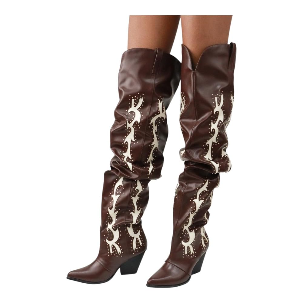 LEMONADE Women Over the Knee Thigh High Cowboy Boots, Chunky Block Heel Studded Slouch Cowgirl Western Boots Sending West Brown 9