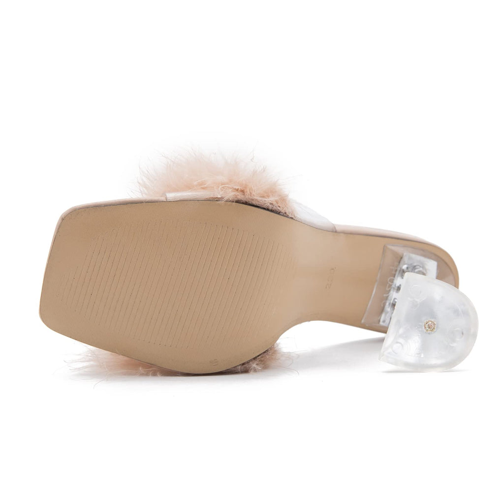 LIURUIJIA Feather High Heel Mules Sandals for Women Slip On Square Toe Clear Tapered Chunky Heels Fuzzy Fluffy Bridal Wedding Party Sexy Shoes Nude