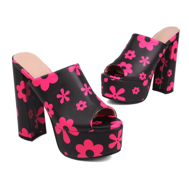 CoceMoce Gorgeous Thick Chunky Heel Slide Sandals for Women Black Red Floral Peep Toe Platform Slip-on Backless High Heeled Mules Dressy Shoes Club Party Events Prom
