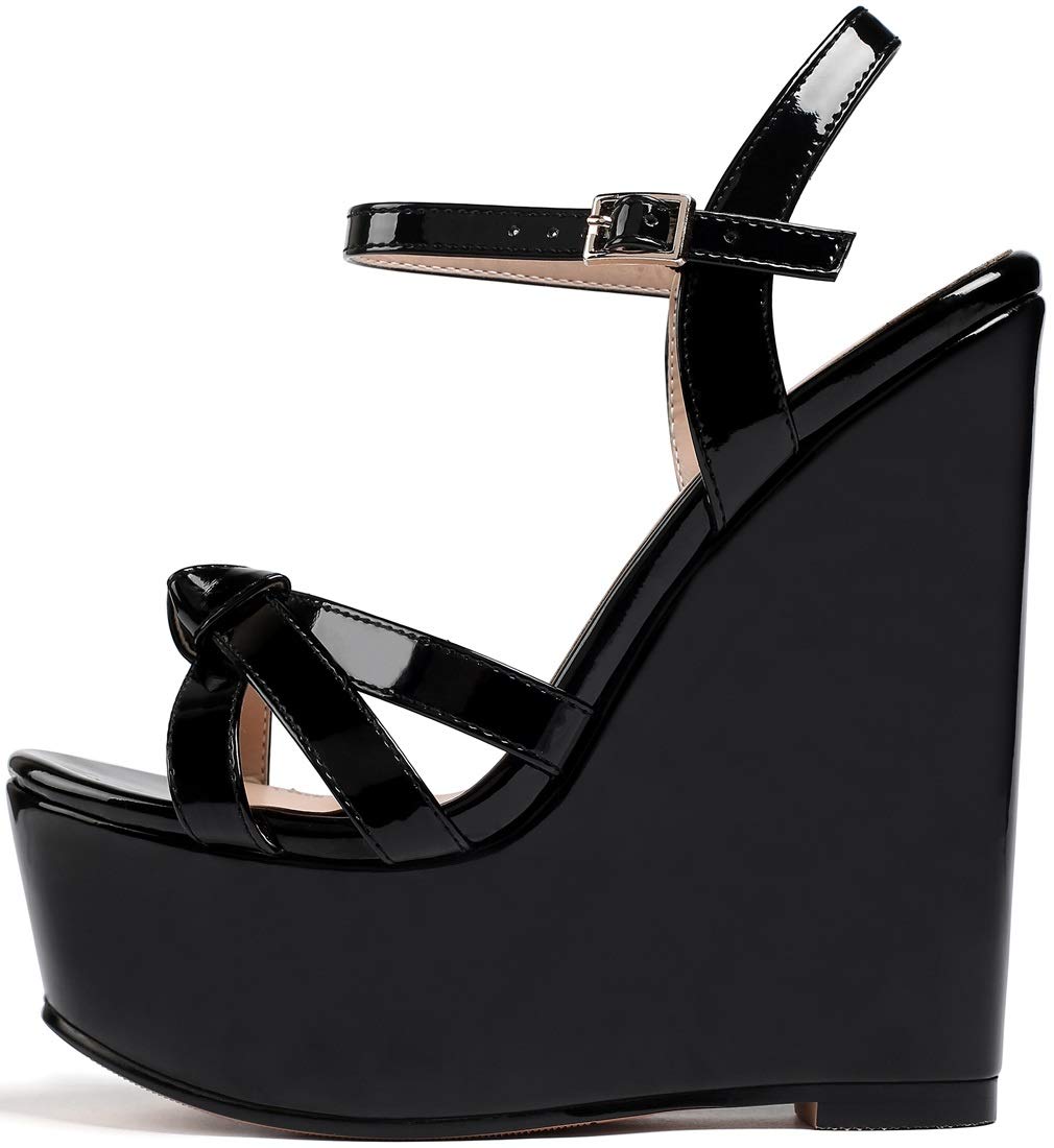 YODEKS Womens Platform Wedges High Heels Sandals Ankle Strip Open Toe Classic Summer Black Sandals