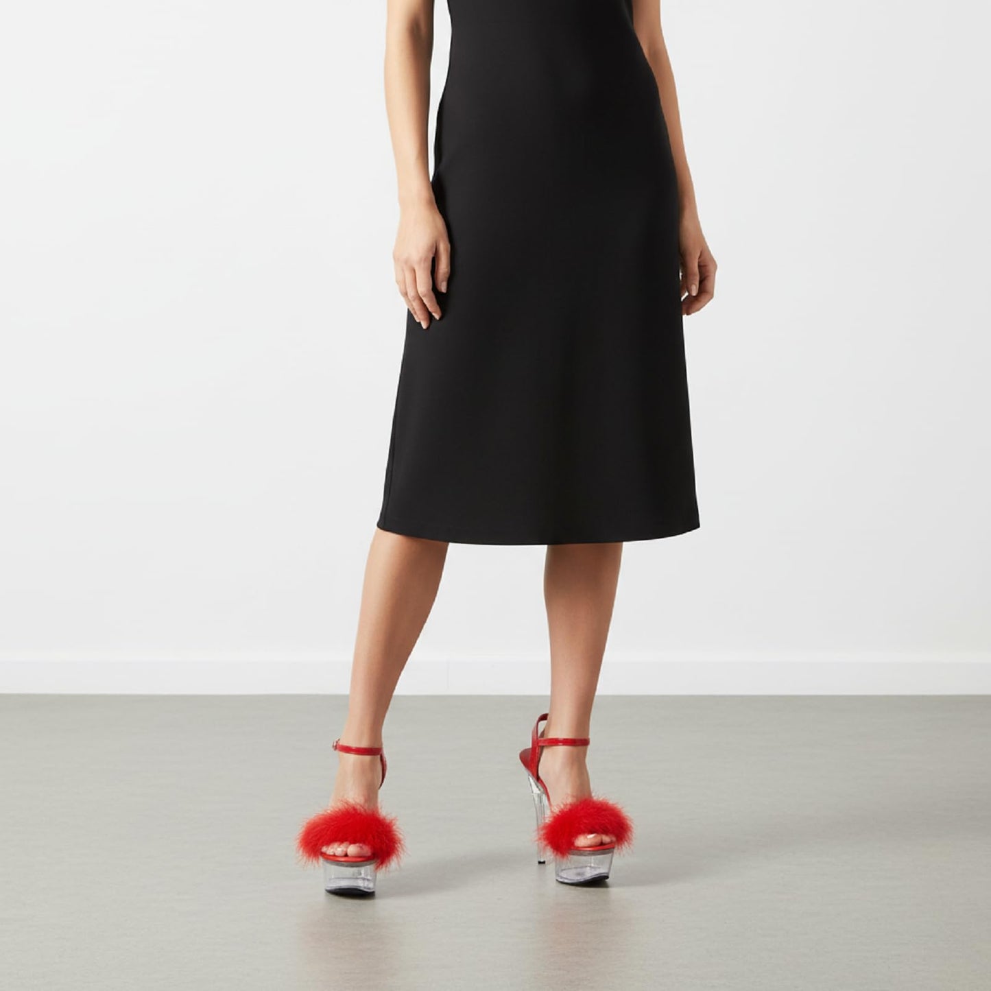 Baffoloo Women's Clear Platform Stiletto Fuzzy High-heeled Ankle Strap Party Casual Sexy Heels for Dancing Pole Dance Heels Casual Sandals Red