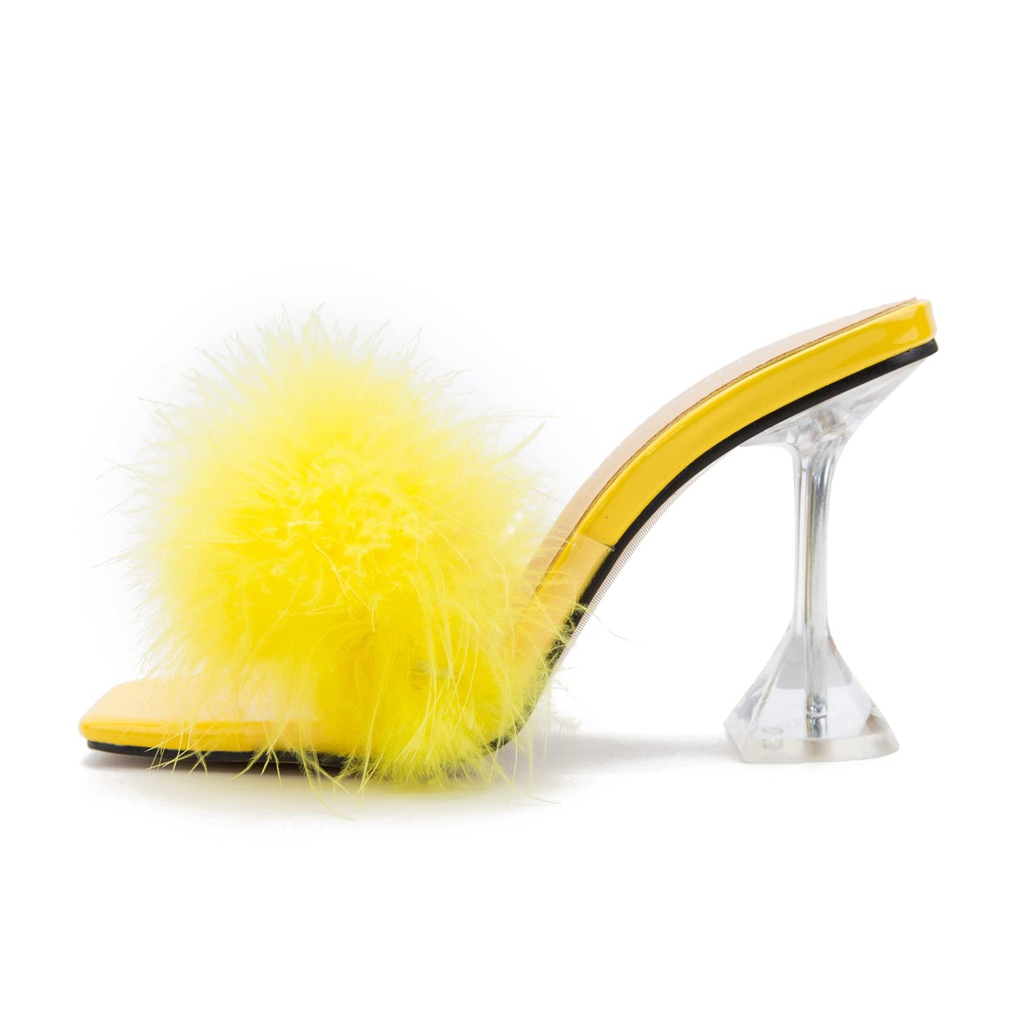 LIURUIJIA Women's Square Toe Feathers High Heels Fur Mules Sandals Fuzzy Fluffy Wedding Bridal Party Dress Shoes Yellow 39 US 7.5