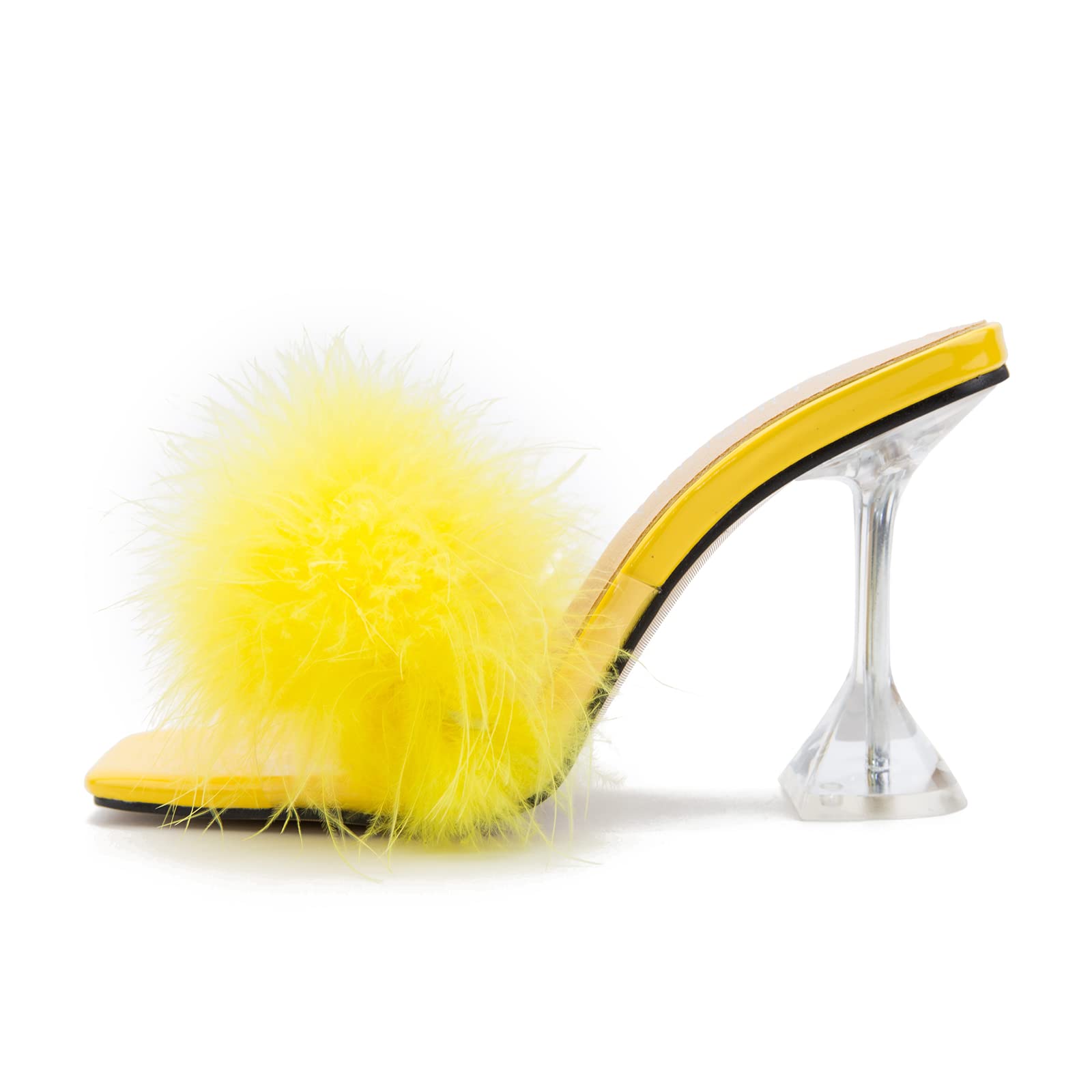 LIURUIJIA Women's Square Toe Feathers High Heels Fur Mules Sandals Fuzzy Fluffy Wedding Bridal Party Dress Shoes Yellow