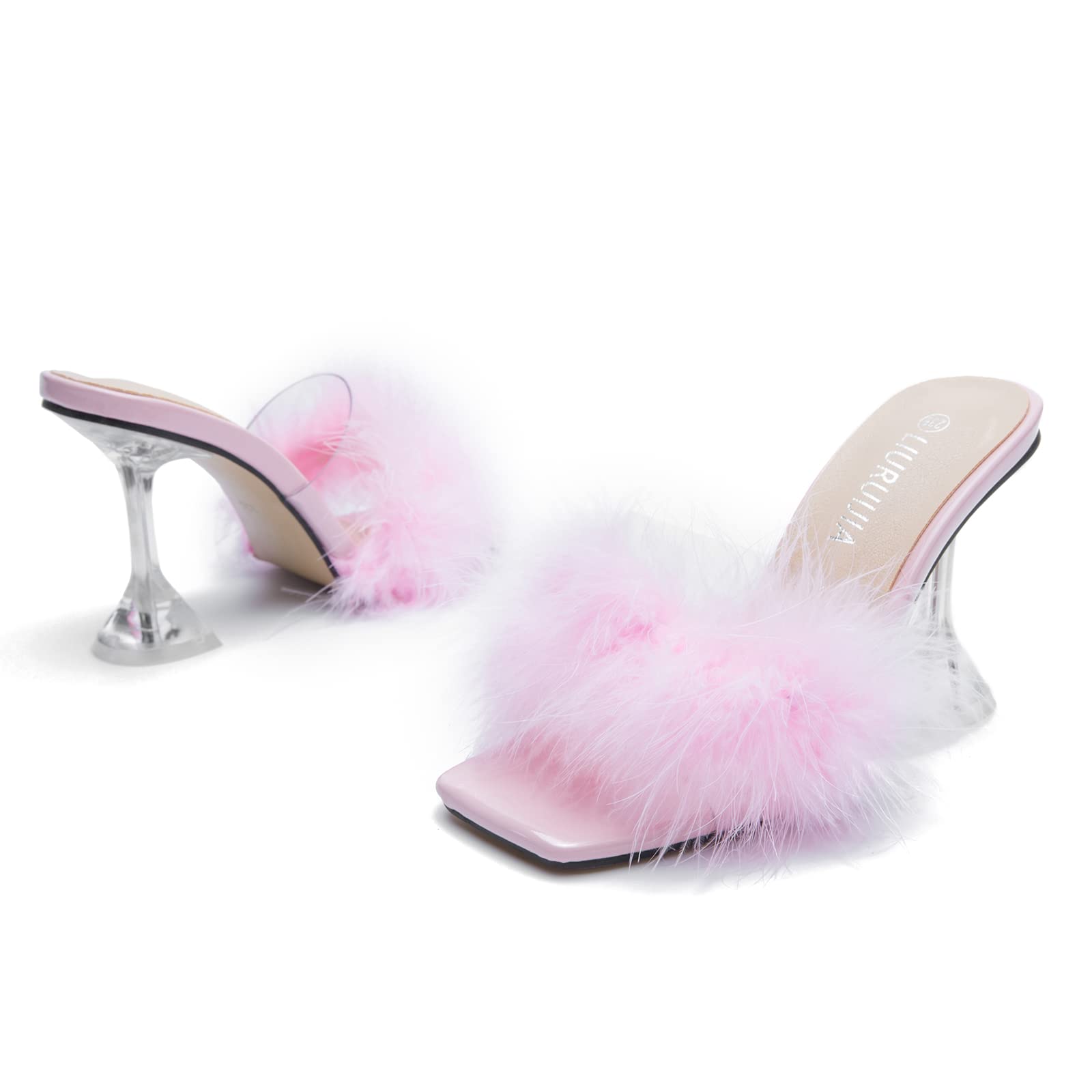 LIURUIJIA Feather High Heel Mules Sandals for Women Slip On Square Toe Clear Tapered Chunky Heels Fuzzy Fluffy Bridal Wedding Party Sexy Shoes Pink