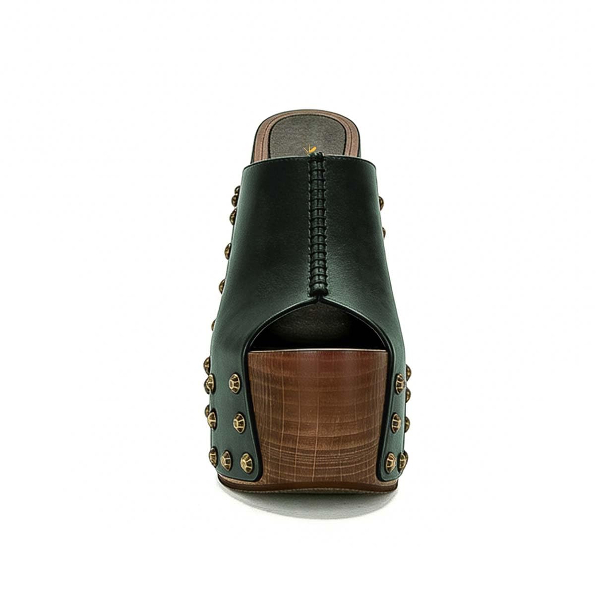 XYD Women Wooden Chunky Heel Mules Platform Bronzed Studs Open Toe Block Sandals Vintage Parties Shoes (Size 7.5, Dark Green)