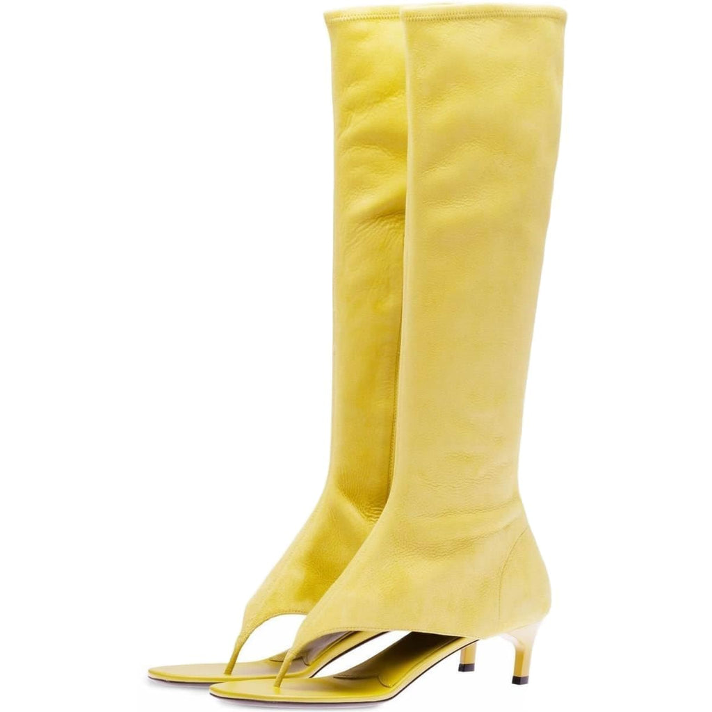 Women's Thong Style Open Toe Knee High Boots with Zipper Stretch Kitten Low Heel Tall Sandal Boots Kitten Heels Sandal Boots (Yellow matte, Adult, Women, 8.5, Numeric, US Footwear Size System, Medium)