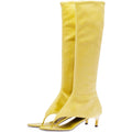 Women's Thong Style Open Toe Knee High Boots with Zipper Stretch Kitten Low Heel Tall Sandal Boots Kitten Heels Sandal Boots (Yellow matte, Adult, Women, 8.5, Numeric, US Footwear Size System, Medium)