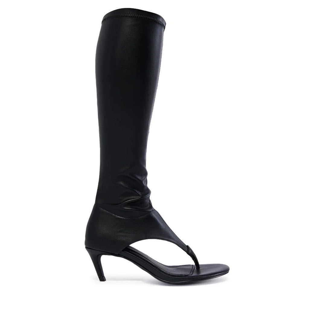 ZJGZF Black Thong Sandals for Women Kitten Heel Knee High Boots Open Toe Flip Flop High Heel Boots Gogo Boot