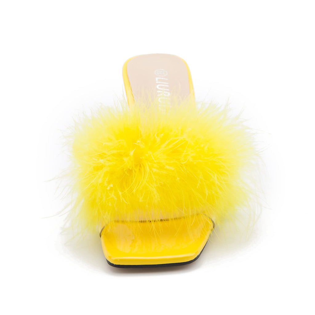 LIURUIJIA Women's Square Toe Feathers High Heels Fur Mules Sandals Fuzzy Fluffy Wedding Bridal Party Dress Shoes Yellow