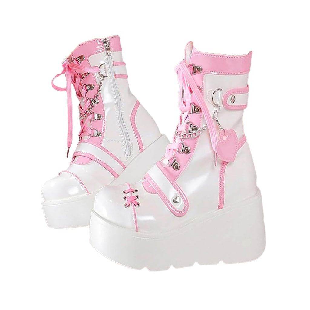 XYKHUI Goth Platform Buckle Boots for Women's Chunky High Heel Lace Up Punk Motorcycle Combat Boots with Chain Pink