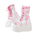 XYKHUI Goth Platform Buckle Boots for Women's Chunky High Heel Lace Up Punk Motorcycle Combat Boots with Chain Pink