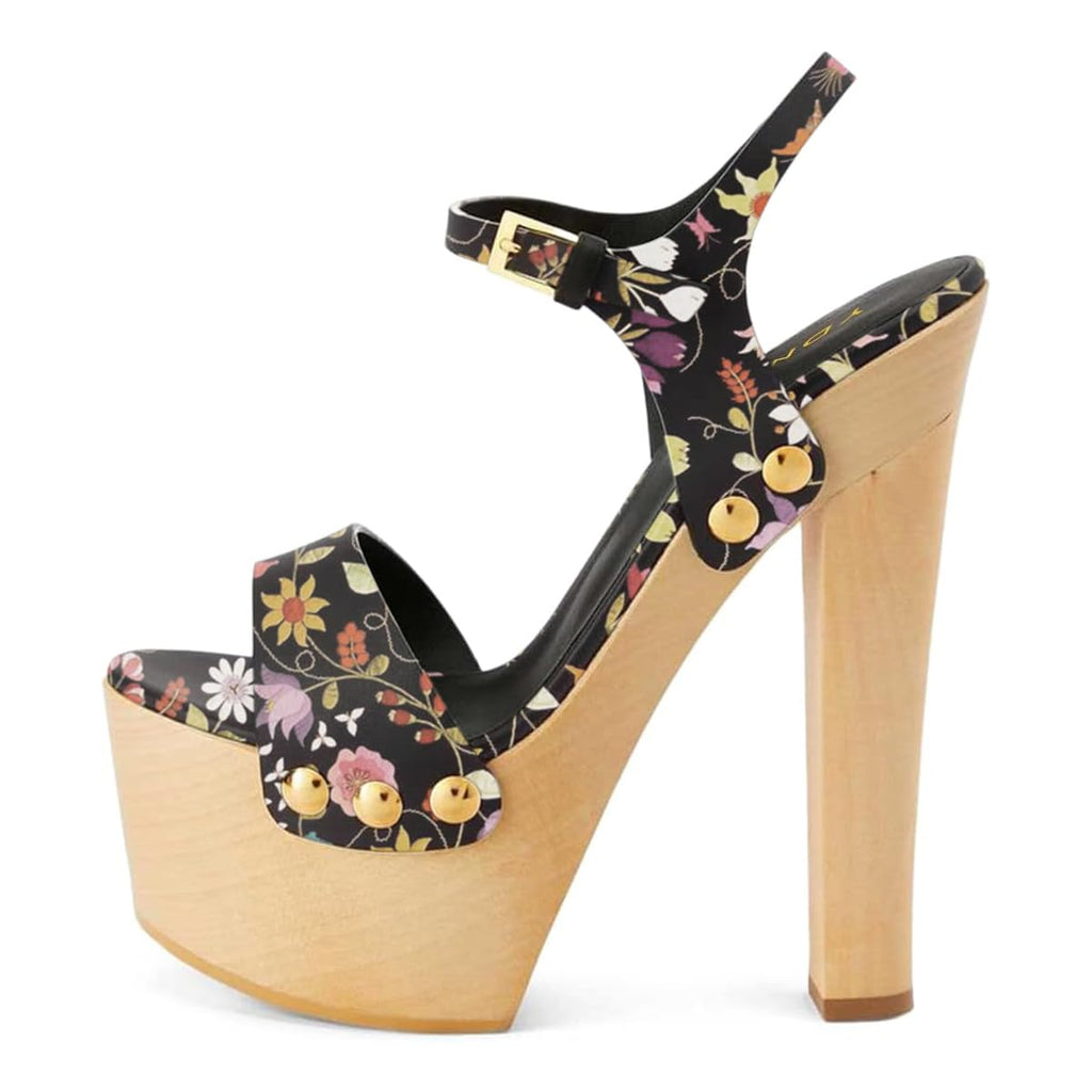 YDN Women's Platform Heeled Sandals Open Round Toe Chunky High Heels Backless Ankle Strap Sexy Casual Shoes for Spring Summer Party floral