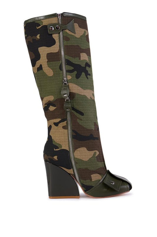 LEMONADE Women's Buckle Detail Square Toe Wedge Heel Knee High Long Boot﻿ Senna Camo 7.5