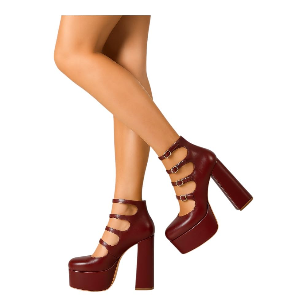 Liliana Women Chunky High Heel Platform Buckle Strappy Pumps Shoes Dorola-22 Burgundy 8