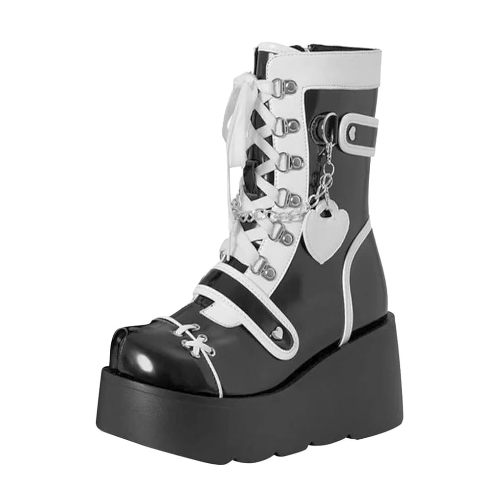 XYKHUI Goth Platform Buckle Boots for Women's Chunky High Heel Lace Up Punk Motorcycle Combat Boots with Chain Black