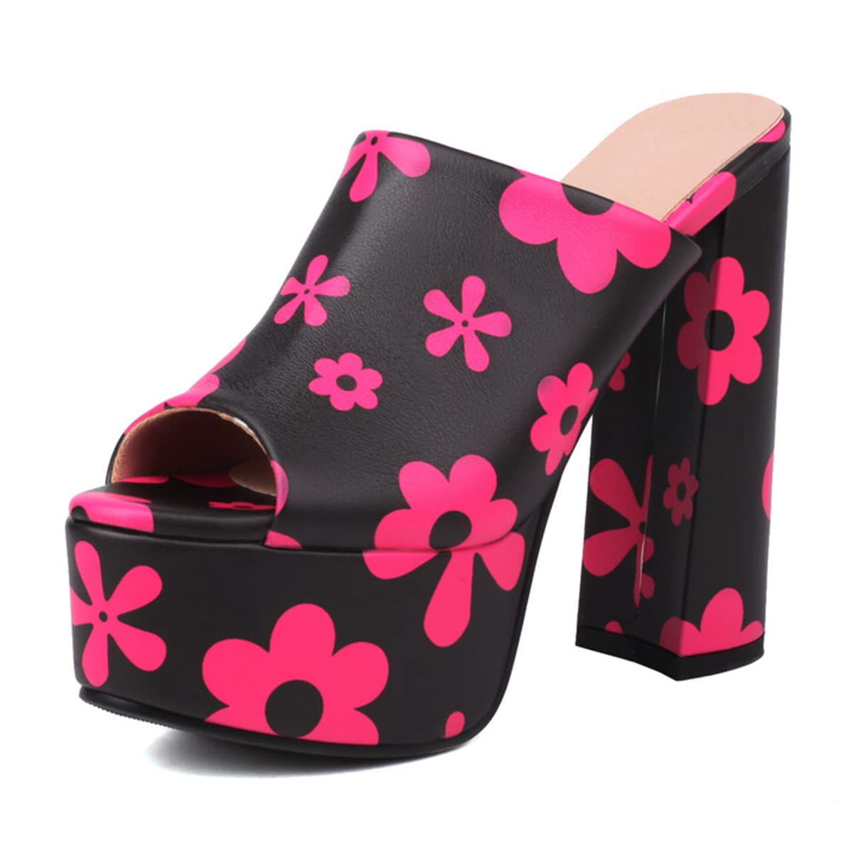 CoceMoce Gorgeous Thick Chunky Heel Slide Sandals for Women Black Red Floral Peep Toe Platform Slip-on Backless High Heeled Mules Dressy Shoes Club Party Events Prom