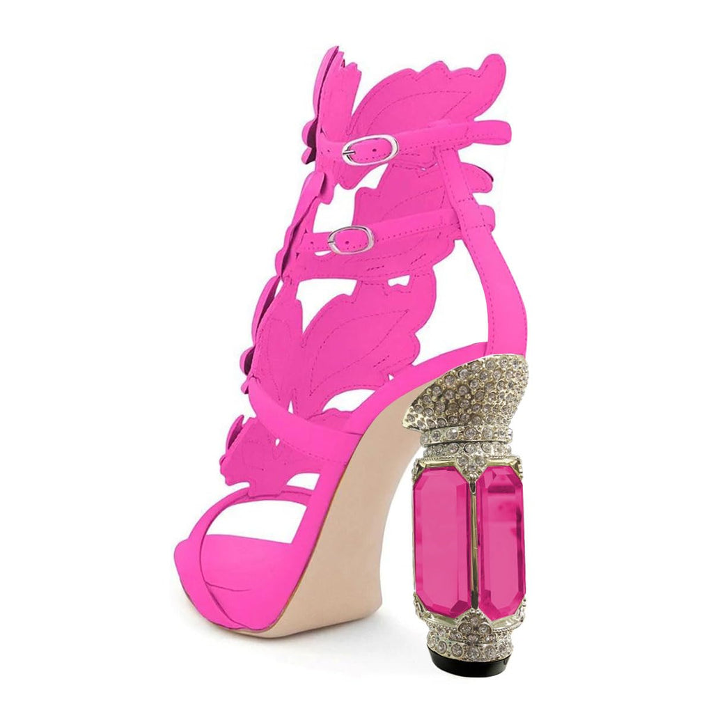 FSJ Women Open Toe Stylish Sandal Ankle Strap Chunky Block High Thick Heels Wedding Party Ballroom Prom Shoes Pink Flame