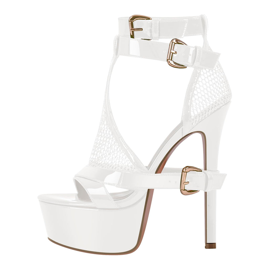 onlymakerheels Women's High Stiletto Heels Platform Mesh Buckle Open Toe Ankle Strap Dress Shoes Sandals White Size8