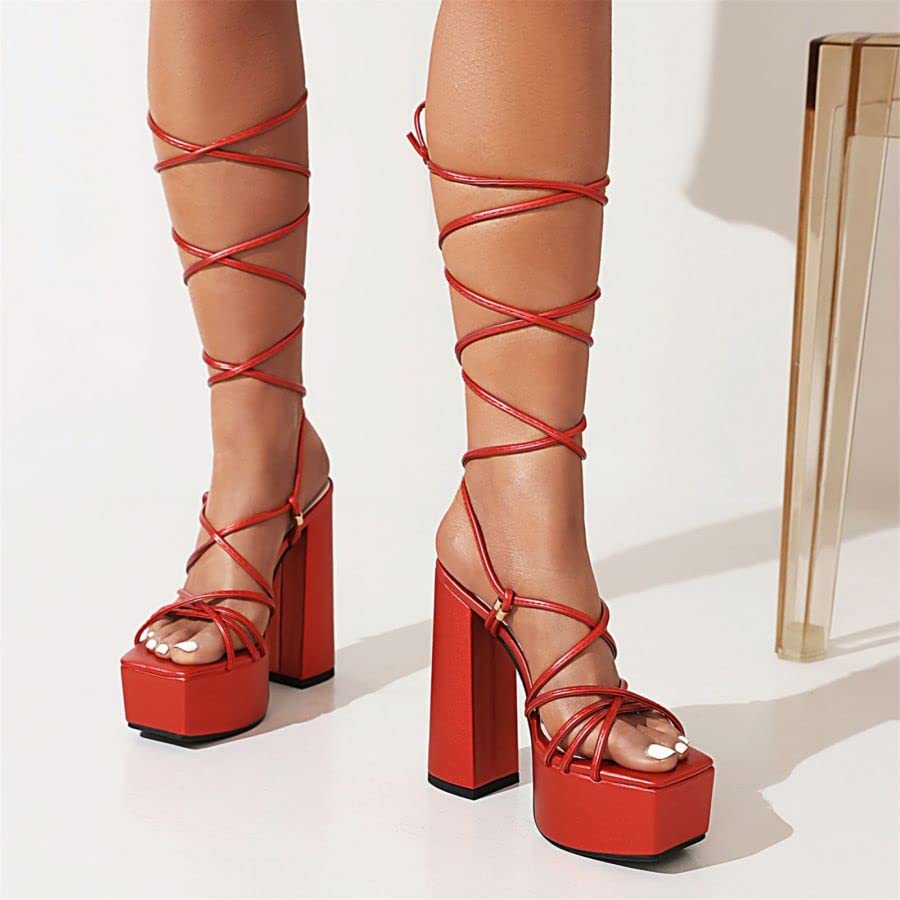 MEOTINA Women Sandals Cross Strap Super High Heel Platform Block Heels Square Toe Shoes