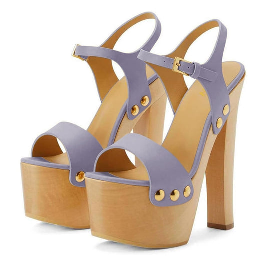 YDN Women's Platform Heeled Sandals Open Round Toe Chunky High Heels Backless Ankle Strap Sexy Casual Shoes for Spring Summer Party Size 7 Lavender
