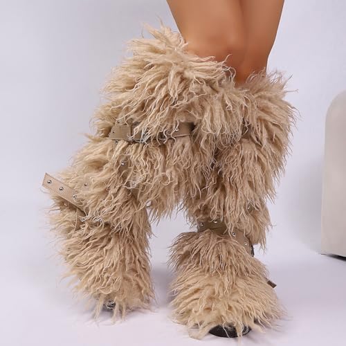 TVNGDLI Women Knee High Furry Faux Fur Boots Fuzzy Fluffy Round Toe Anti Slip Ankle Strap Rivet Flat Shoes Outdoor Christmas Fashion Party Gifts Boots