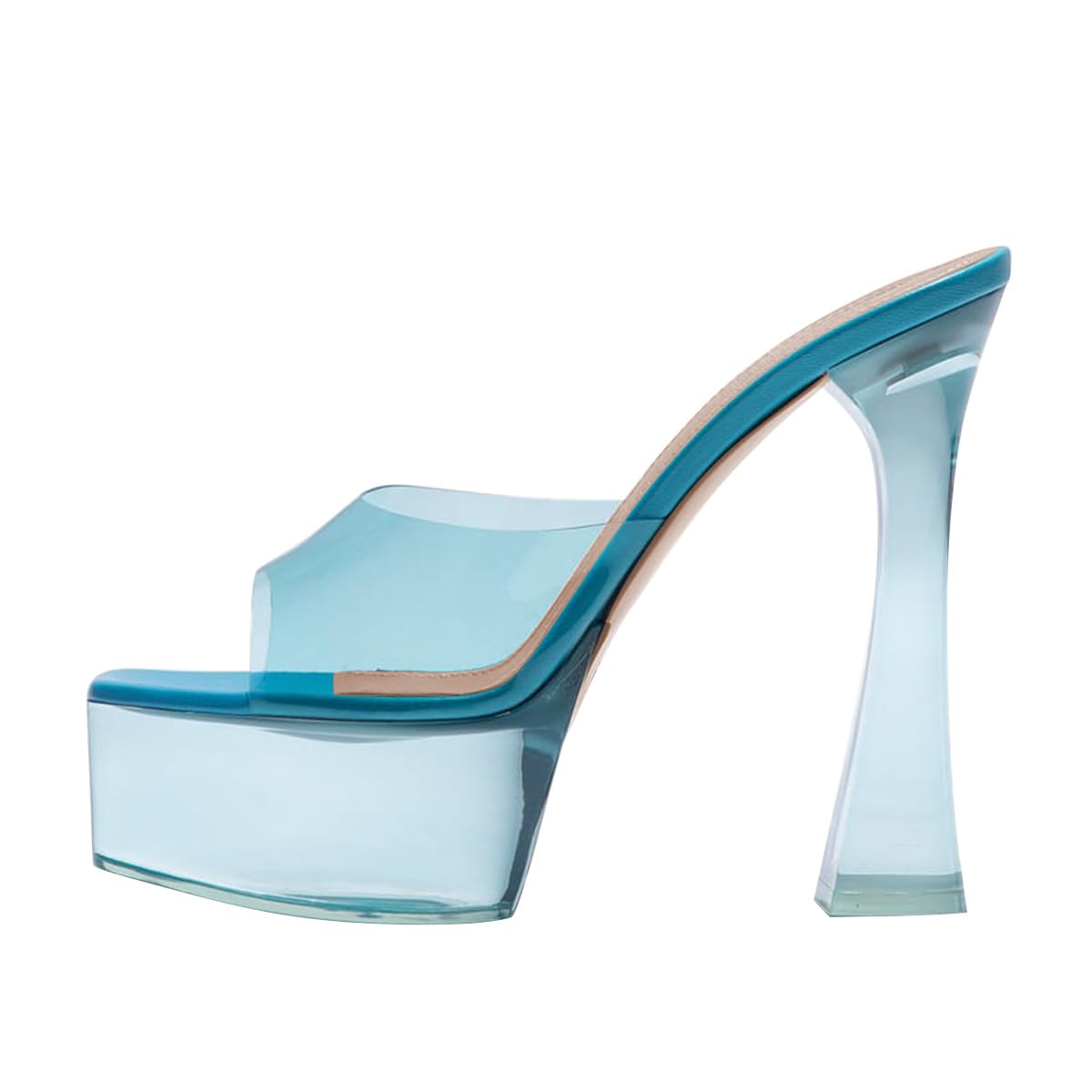 FSJ Women Slip On Platform Heeled Sandals Peep Open Toe Chunky Block High Heels Mules Backless Summer Dress Slide Sandals Blue Clear