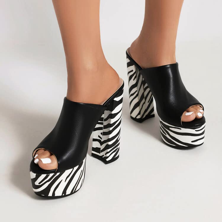 CoceMoce Gorgeous Thick Chunky Heel Slide Sandals for Women Black Zebra Peep Toe Platform Slip-on Backless High Heeled Mules Dressy Shoes Club Party Events Prom Size 10 US