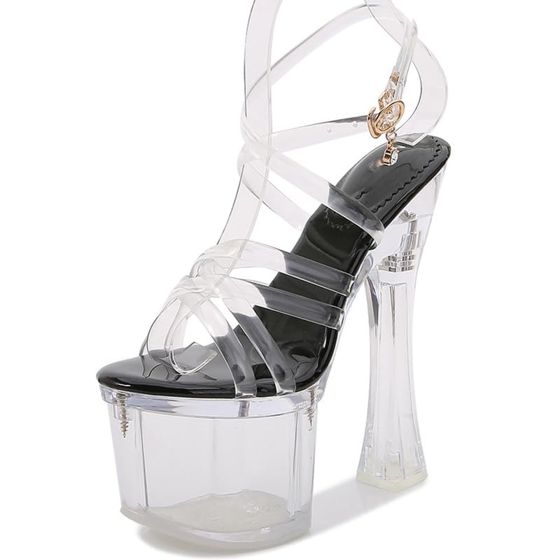 F&A LOVING Women's Clear Platform Chunky High Heel 7in Sandal Strappy Open Toe Ankle Strap Shoes