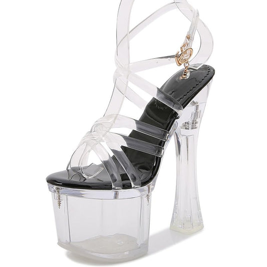 F&A LOVING Women's Clear Platform Chunky High Heel 7in Sandal Strappy Open Toe Ankle Strap Shoes