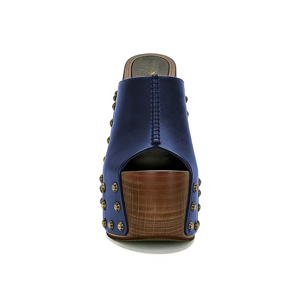 XYD Women Wooden Chunky Heel Mules Platform Bronzed Studs Open Toe Block Sandals Vintage Parties Shoes (Size 7.5, Navy)