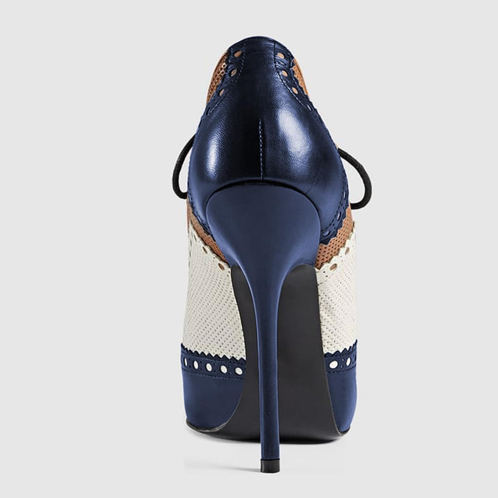 Maiyang Women Pointed Toe Wingtip Oxfords Brogues Boots Lace up Stiletto High Heel Party Event Dating Ankle Boots Size 8 Blue Multi
