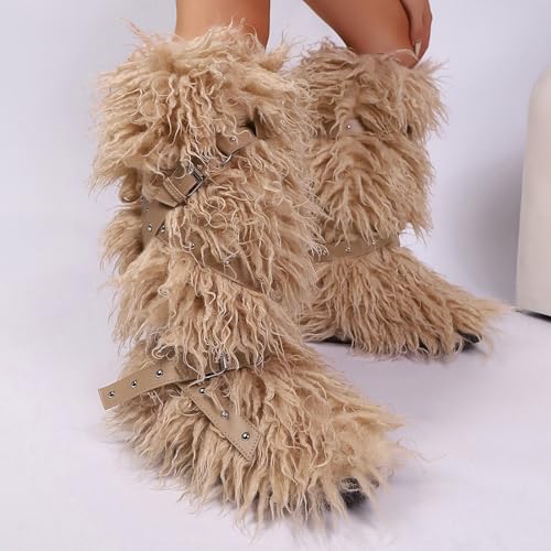 TVNGDLI Women Knee High Furry Faux Fur Boots Fuzzy Fluffy Round Toe Anti Slip Ankle Strap Rivet Flat Shoes Outdoor Christmas Fashion Party Gifts Boots