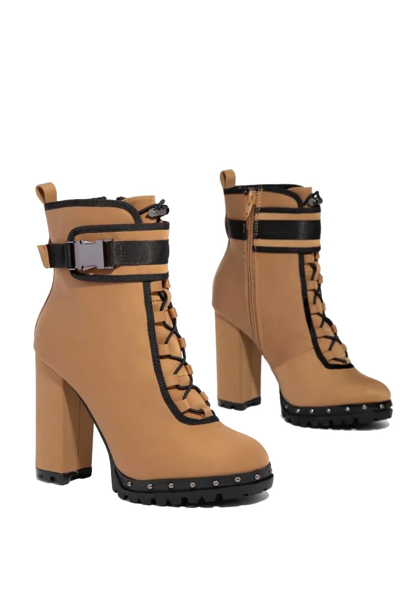 Pazzle Stylish 18 Womens Waterproof Chunky Heel Platform Drawstring Lug Sole Snow Boots Tan