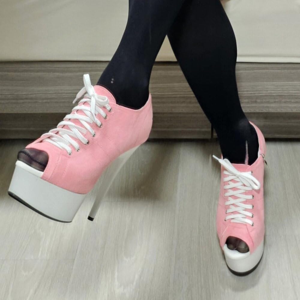 denova's Women's Canvas Very High Heel Lace Up Platform Pole Dance Ankle Boot with Zipper (12,Pink)
