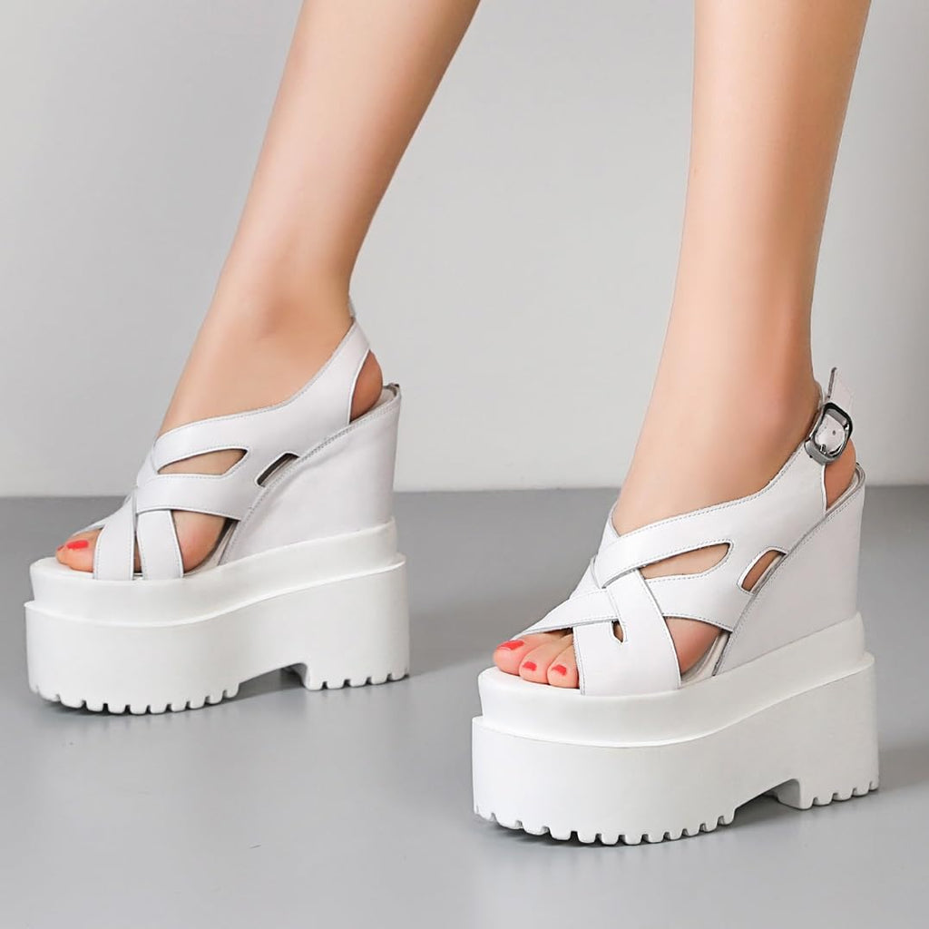 Loonglue Summer New Retro Super High Wedges Heels Platform Peep Toe Cross-tied Buckle Strap Genuine Leather Women Gladiator Sandals 240306