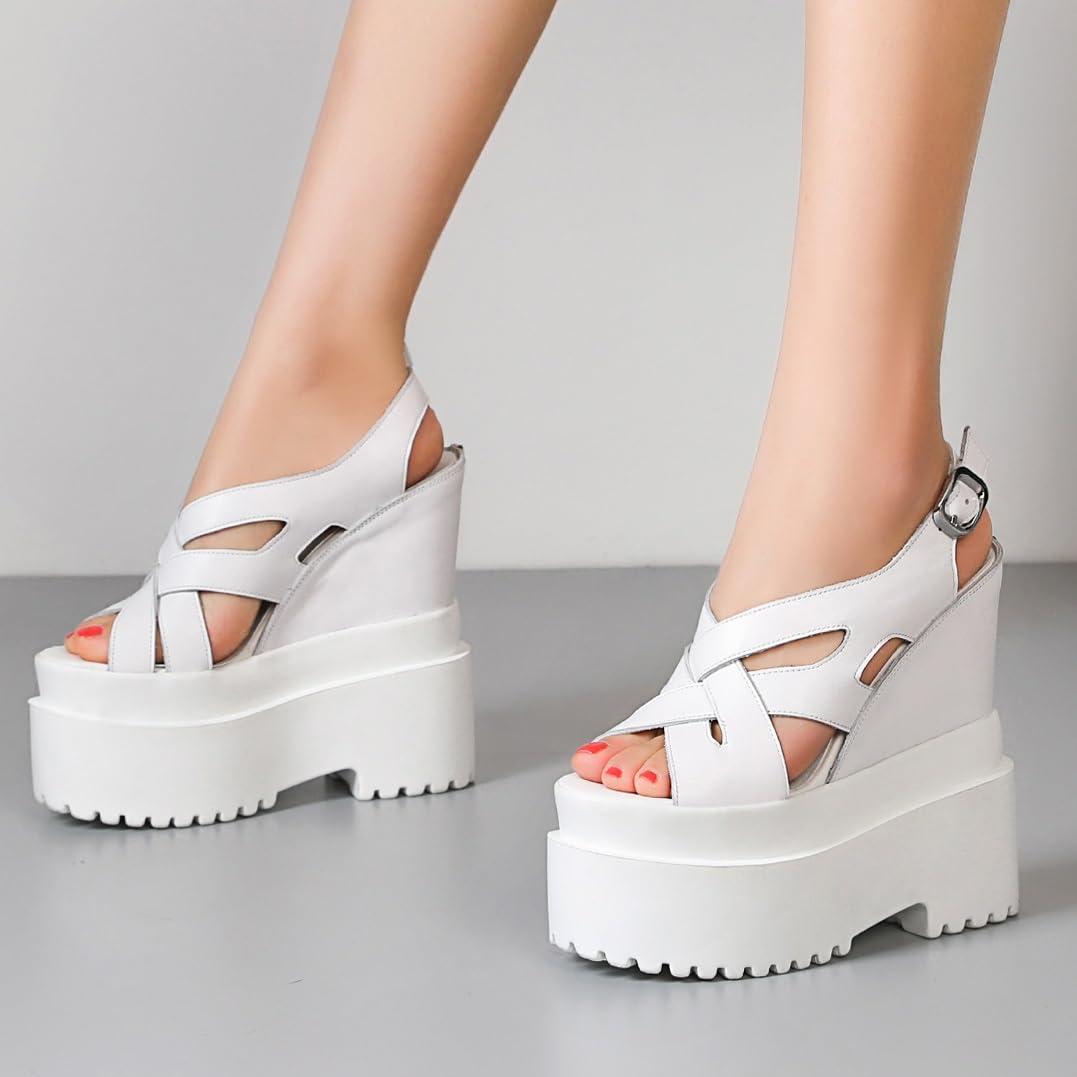 Loonglue Summer New Retro Super High Wedges Heels Platform Peep Toe Cross-tied Buckle Strap Genuine Leather Women Gladiator Sandals 240306