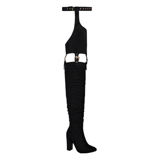HiColor Women's Belted Pointed Toe high Boots Striking Buckle Strap Fashion thick Heel Thigh high Boot(Black US11)