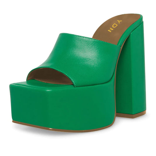 YDN Women Platform Mules Square Open Toe Slippers Slip on Clogs Chunky High Heeled Sandals Casual Beach Outfit Shoes Size 9.5 Green