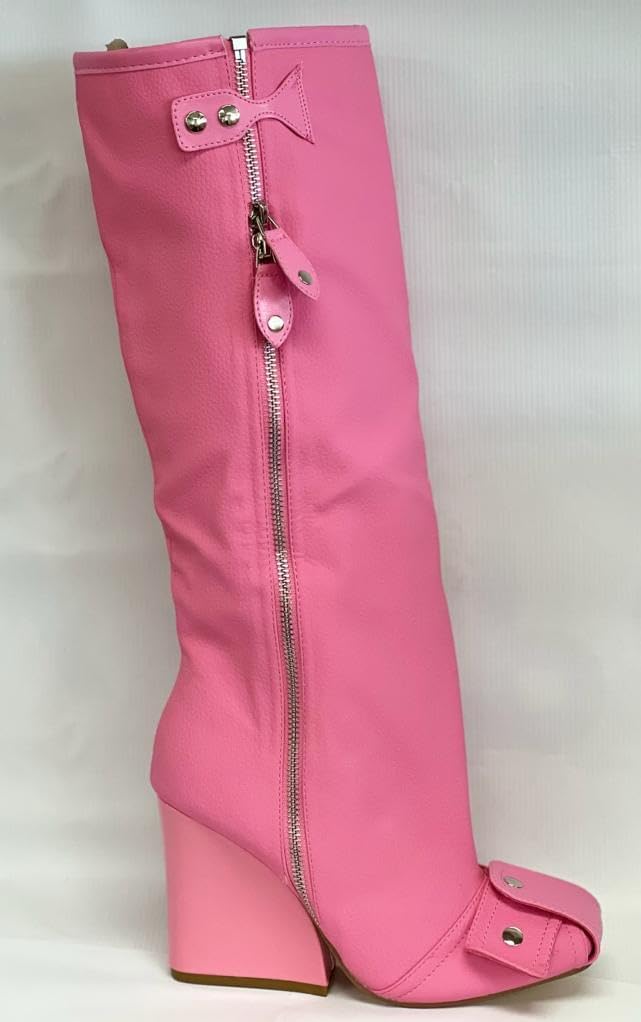 Lemonade Women's Buckle Detail Square Toe Wedge Heel Knee High Long Boot﻿ Senna Pink 7.5n