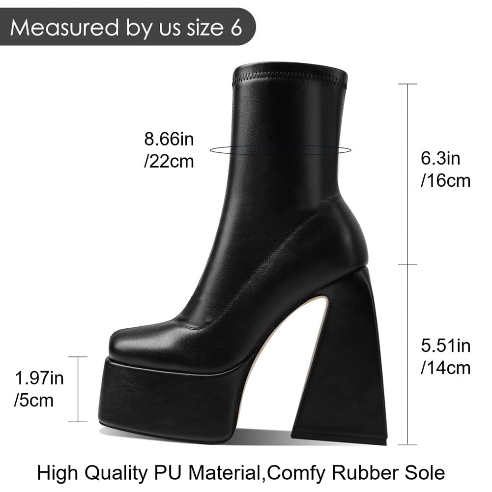 Uacllcau Platform Boots for Women Mid Calf Boots Square Toe Chunky High Heel Boots Side Zipper Ankle Booties