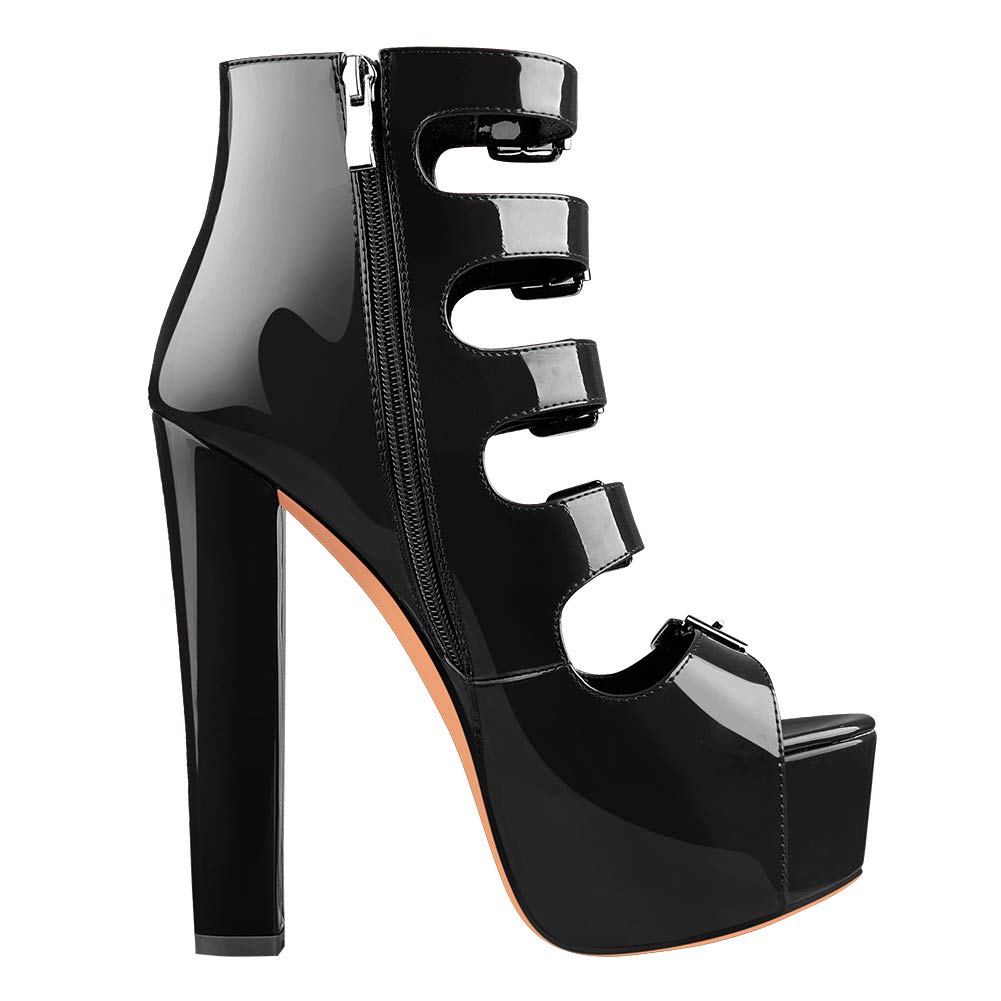 onlymakerheels Womens Heeled Sandals Peep Open Toe Ankle Boots Wrap Buckle Strap High Chunky Heels Zipper Sandals Black Size14
