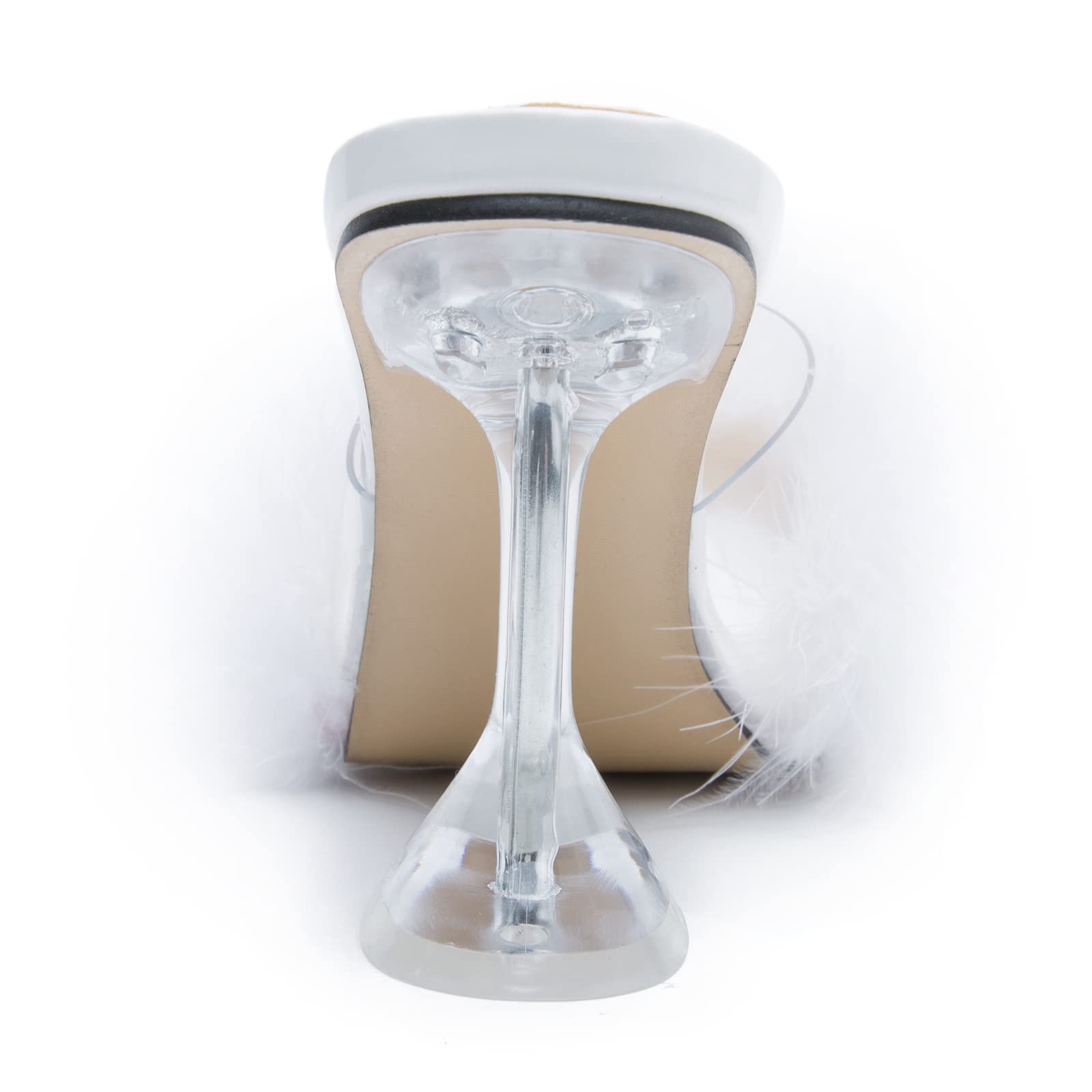 LIURUIJIA Feather High Heel Mules Sandals for Women Slip On Square Toe Clear Tapered Chunky Heels Fuzzy Fluffy Bridal Wedding Party Sexy Shoes White