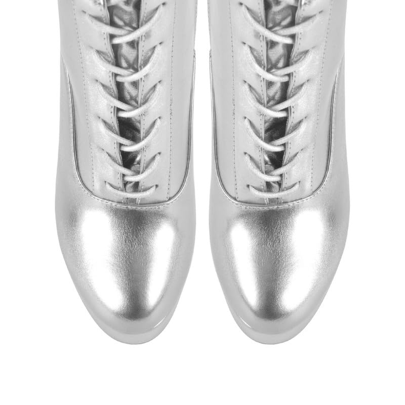 Richealnana Women's Over The Knee High Platform Thigh High Boots for Women Strap Lace-Up Chunky Heeled Buckle Strap Silver Size 8