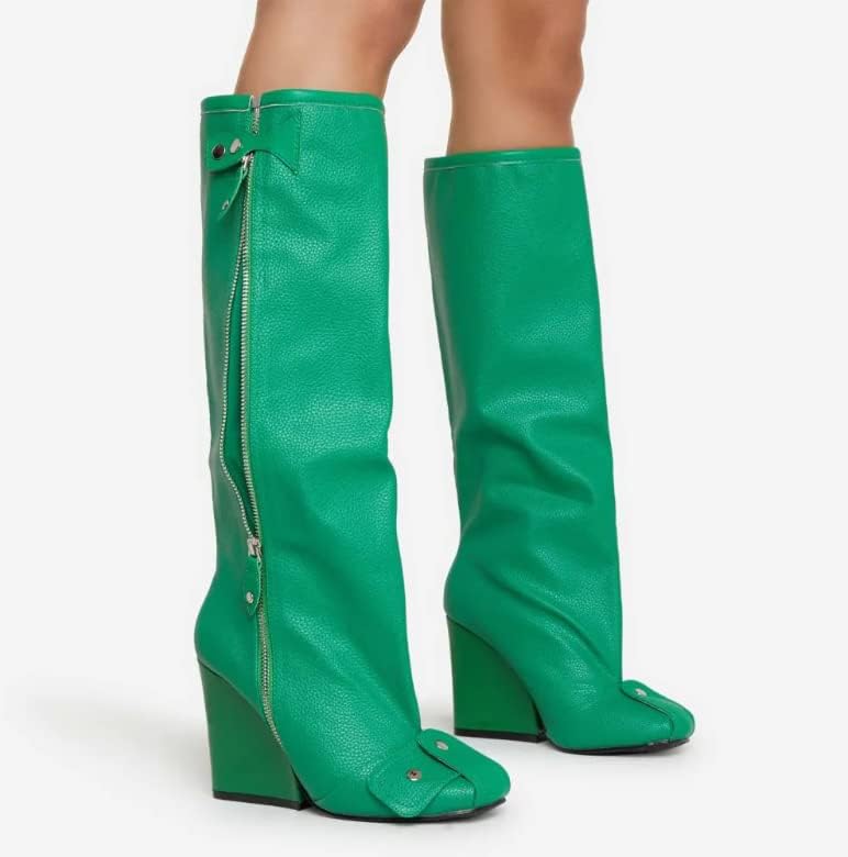 Lemonade Women's Buckle Detail Square Toe Wedge Heel Knee High Long Boot﻿ Senna Green