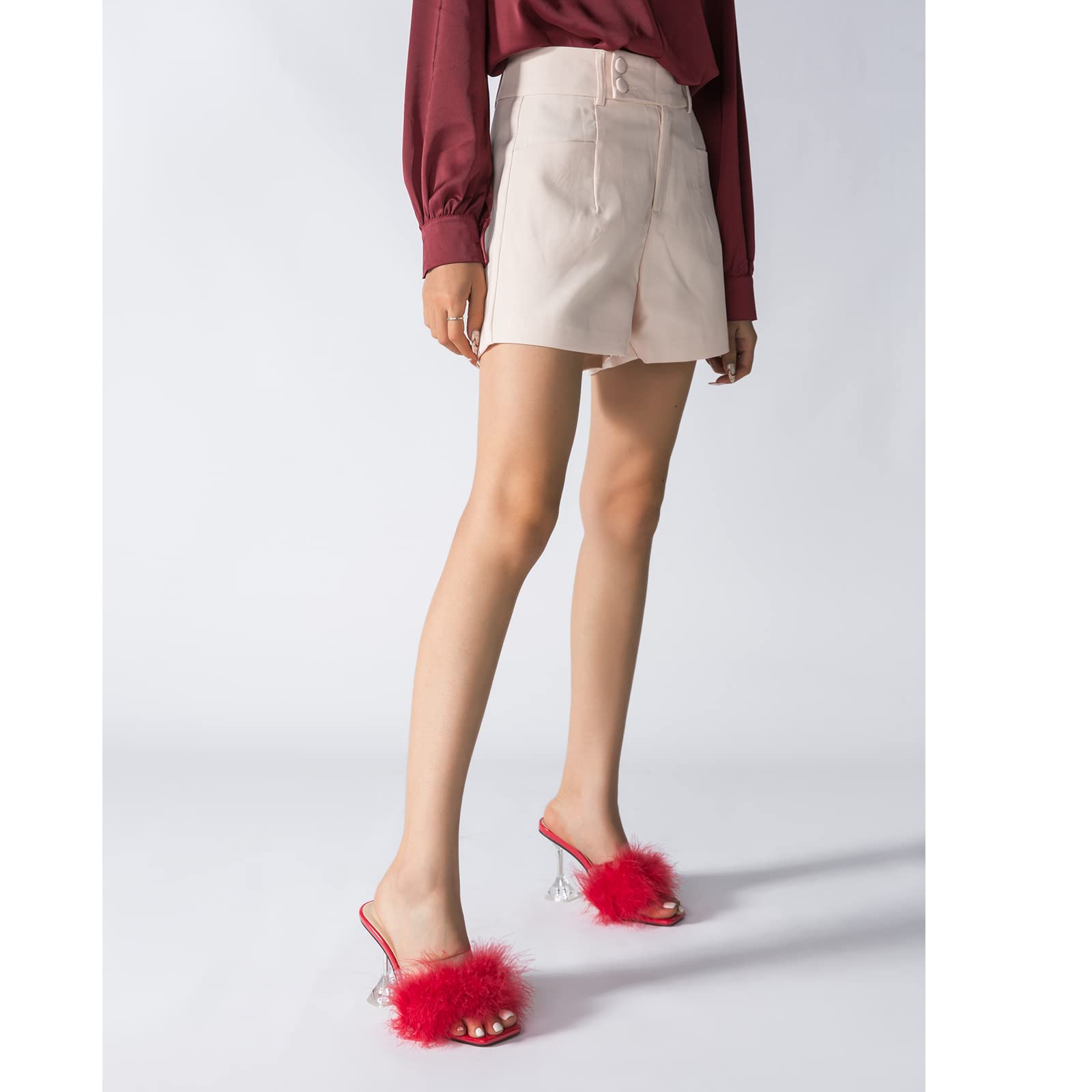 LIURUIJIA Feather High Heel Mules Sandals for Women Slip On Square Toe Clear Tapered Chunky Heels Fuzzy Fluffy Bridal Wedding Party Sexy Shoes Red