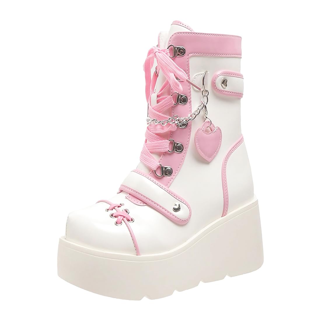 XYKHUI Goth Platform Buckle Boots for Women's Chunky High Heel Lace Up Punk Motorcycle Combat Boots with Chain Pink